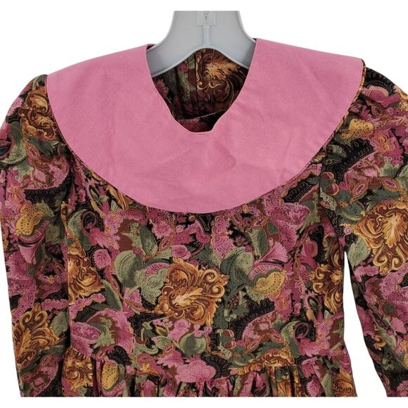 Vintage Dress Girls 7‎ Floral Bib Collar Prairie Cottagecore Puff Long Sleeve - Picture 5 of 10